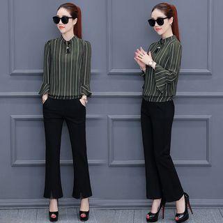 Set: Bell-sleeve Stripe Blouse + Cropped Pants