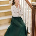 Plain Blouse / Belted Midi A-line Skirt