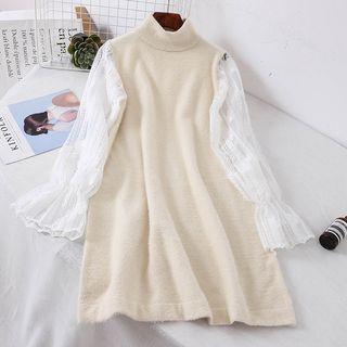Long-sleeve Panel Knit Dress Almond - One Size