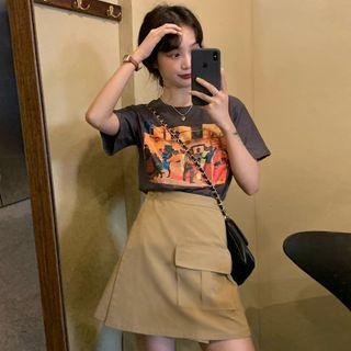 Short-sleeve Printed T-shirt / Pocket Detail Mini A-line Skirt / Set
