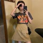 Short-sleeve Printed T-shirt / Pocket Detail Mini A-line Skirt / Set