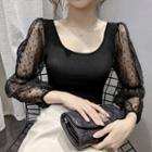 Polka Dot Mesh Puff-sleeve Cropped T-shirt