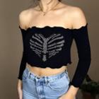 Off-shoulder Ruffled-trim Rhinestone Crop Top