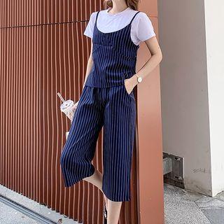 Set: Plain Short-sleeve T-shirt + Striped Camisole Top + Cropped Wide-leg Pants