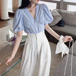 Gingham Puff-sleeve V-neck Blouse / Plain Wide-leg Pants