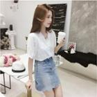 Embroidered Elbow-sleeve V-neck Blouse