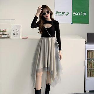Long-sleeve Cutout Asymmetric Sheer Dress Black - One Size