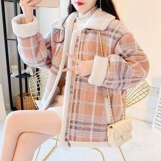 Oversize Plaid Panel Faux Fleece Cardigan