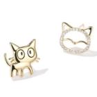 Asymmetrical Cat Stud Earring 1 Pair - Silver Needle Earrings - Gold - One Size