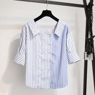 Elbow-sleeve Square-neck Double-breasted Striped Shirt