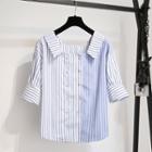 Elbow-sleeve Square-neck Double-breasted Striped Shirt
