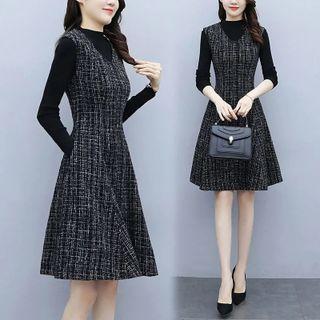 Set: Long-sleeve Top + Tweed A-line Overall Dress