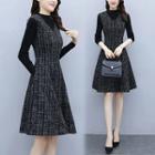 Set: Long-sleeve Top + Tweed A-line Overall Dress