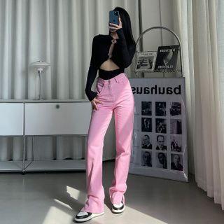 High-waist Plain Straight-cut Split Jeans