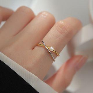 Faux Pearl Two Tone Ring 1pc - Gold & Silver - One Size