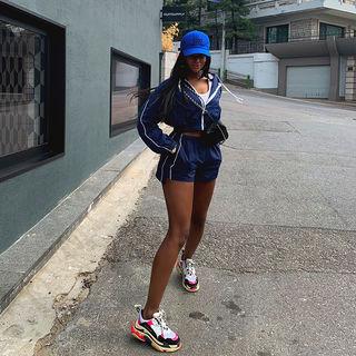Set: Hooded Zip-up Jacket + Band-waist Shorts Navy Blue - One Size