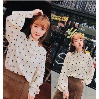 Dotted Band Collar Chiffon Blouse