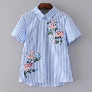Short-sleeve Striped Embroidered Shirt