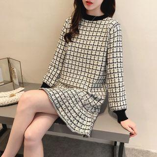 Long-sleeve Plaid Knit Mini Dress