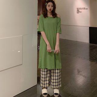 Short-sleeve T-shirt / T-shirt Dress / Plaid Wide Leg Pants
