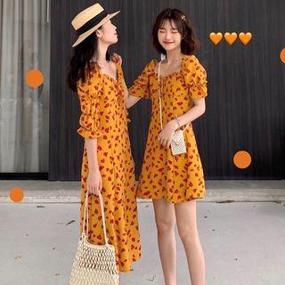 Square Collar Floral Mini A-line Dress / Floral Slit-side Midi Dress
