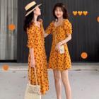 Square Collar Floral Mini A-line Dress / Floral Slit-side Midi Dress