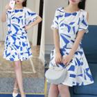 Printed Cut Out Shoulder Short Sleeve A-line Dress