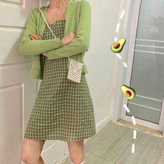 Spaghetti Strap Plaid A-line Mini Dress / Cardigan