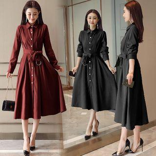 Long-sleeve Tie-waist Midi Shirt Dress