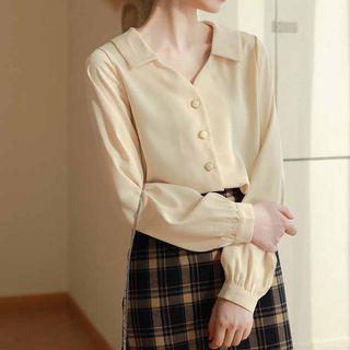 Long-sleeve V-neck Collar Blouse Yellow - One Size