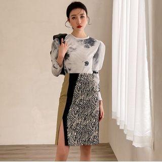Zebra Print Panel Color Block Midi Pencil Skirt