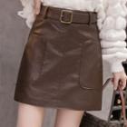 Faux Leather Buckled A-line Skirt
