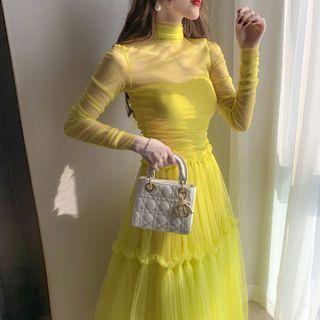 Turtleneck Long-sleeve Midi A-line Mesh Dress