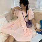 Balloon-sleeve A-line Dress Peach Pink - One Size