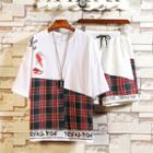 Set: Plaid Panel Short-sleeve T-shirt + Drawstring Shorts