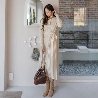 Button-detail Pleated-hem Knit Dress With Sash