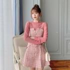 Set: Long-sleeve Mesh Top + Spaghetti Strap Tweed A-line Mini Dress