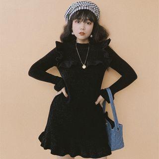 Frilled Trim Long Sleeve Velvet Dress
