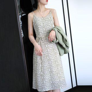 3/4-sleeve Blazer / Spaghetti Strap Leaf Print Midi A-line Dress / Set