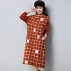 Plaid Mock Neck Long-sleeve Midi Knitted Dress