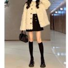Long-sleeve Top / Fluffy Button Jacket / Mini A-line Skirt / Set