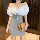 Puff-sleeve Off-shoulder Frill Trim Check Mini Bodycon Dress