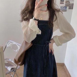 Set: Long-sleeve Plain Blouse + Denim Jumper Dress