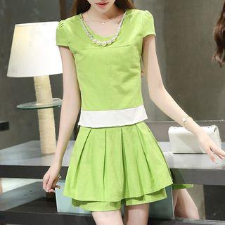 Set: Necklace Detail Cap-sleeve Top + A-line Skirt