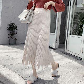 Distressed Hem Knit Midi A-line Skirt