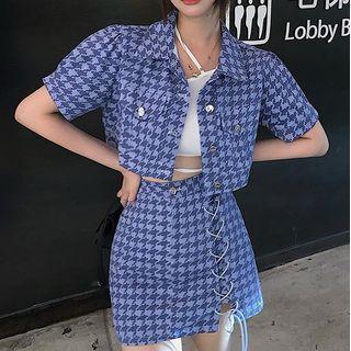 Puff-sleeve Houndstooth Cropped Jacket / Mini A-line Skirt
