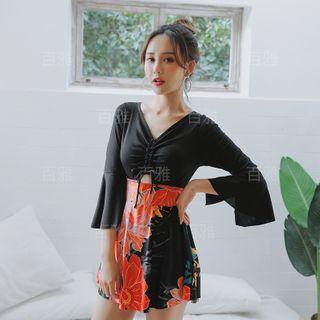 Flower Print Panel Flared-sleeve Swimdress