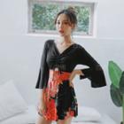 Flower Print Panel Flared-sleeve Swimdress
