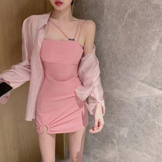 Spaghetti-strap Plain Mini Sheath Dress / Plain Shirt