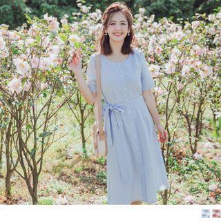 Tie-waist Single-breasted Gingham Midi Dress